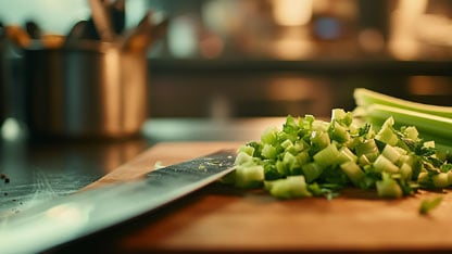 Cuchillo y apio picado sobre una tabla de cortar en una cocina profesional.